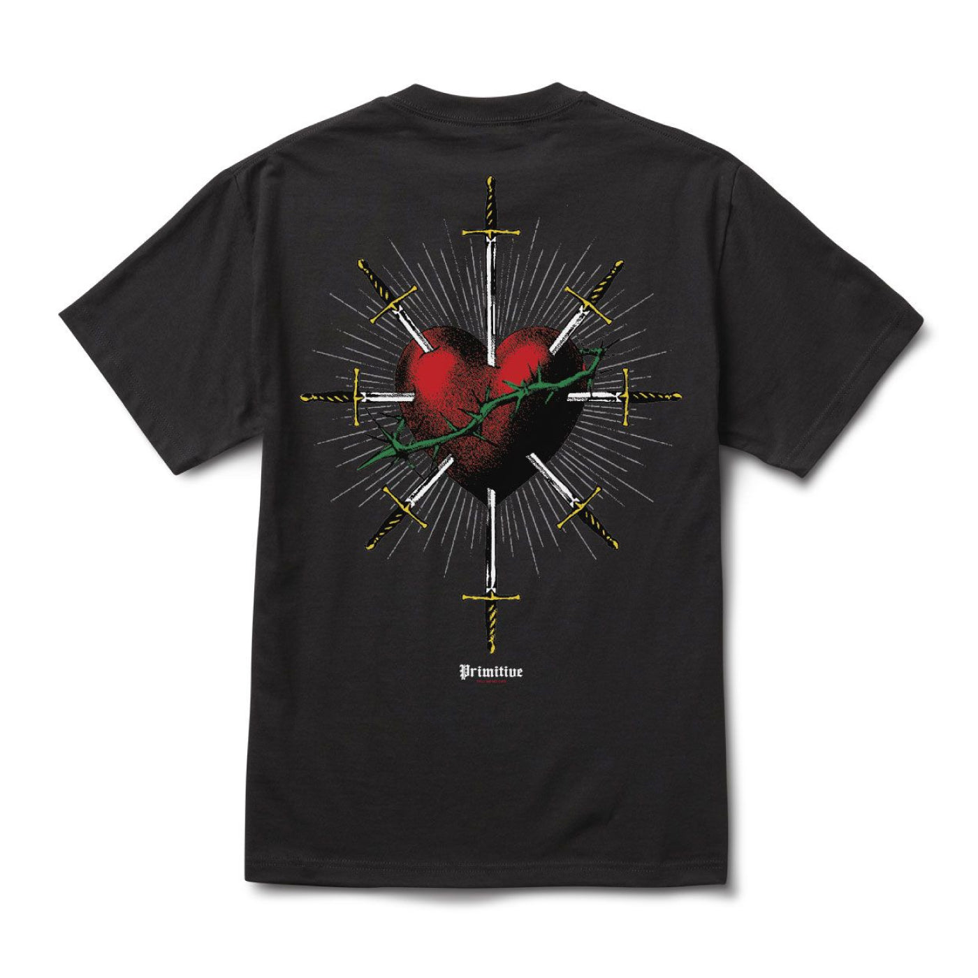 Camiseta Primitive negra con un corazón sagrado
